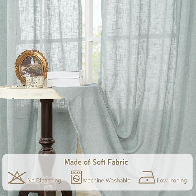LAMIT 54 Inch Semi Sheer Window Linen Curtains, Light Filtering Panels Back Tab and Rod Pocket Neutral Drapes for Bedroom/Living Room, Greyish Blue, 2 Panels, 34 x 54 Inch