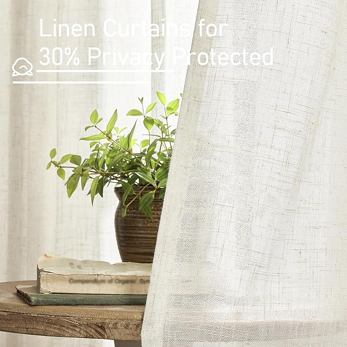 LAMIT Natural Linen Blended Curtains for Living Room, Back Tab and Rod Pocket Semi Sheer Curtains Light Filtering Country Rustic Drapes for Bedroom/Farmhouse, 2 Panels,52 x 120 Inch, Natural Ivory