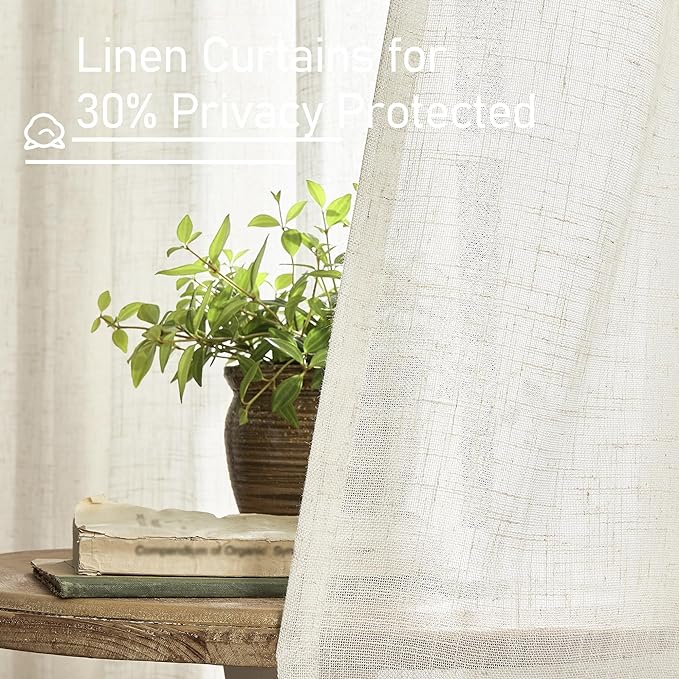 LAMIT Linen Sheer Curtains 72 Inch Length 2 Panels, Linen Textured Light Filtering Semi Sheer Back Tab and Rod Pocket Burlap Boho Neutral Drapes for Bedroom/Living Room, Ivory Cream, 52 x 72 Inch