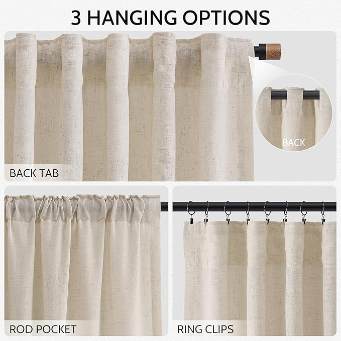 Nanspring 108 Inch Long Curtains for Living Room Cream Beige Linen Modern Farmhouse Decor Light Filtering Semi Sheer Curtain Back Tab Luxury Floor to Ceiling High Window for Bedroom 52x108, 2 Panels