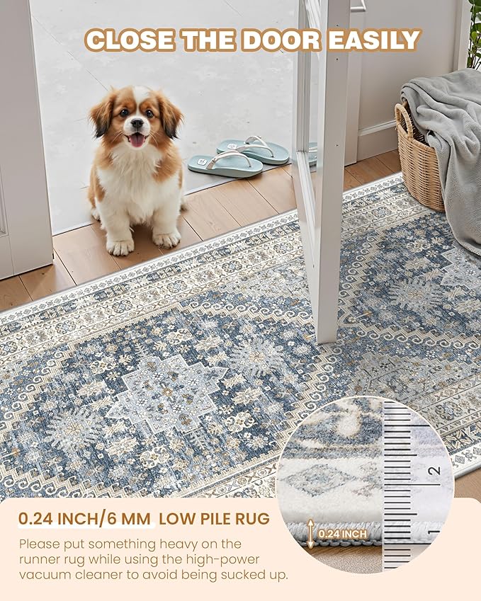 4x6 Area Rugs for Living Room, Non-Slip Backing Small Kids Rugs for Bedroom, Vintage Floral Rug Home Decor, Low Pile Soft Washable Rug for Kitchen, Dining Room (Blue/Beige,4'x6')