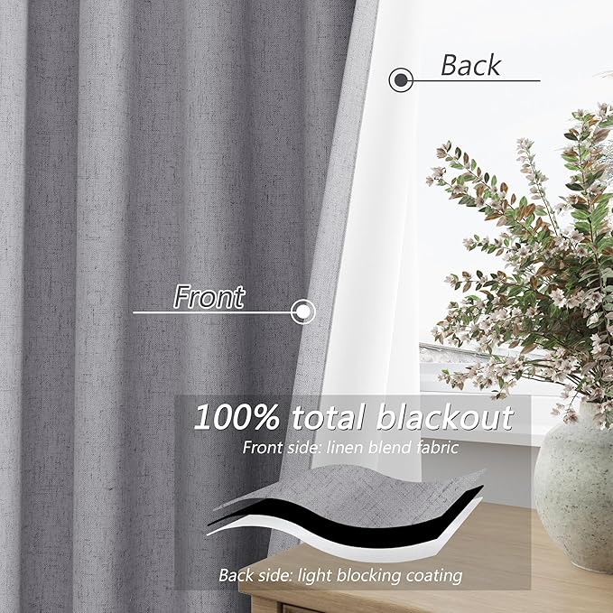 Guken Grey 100% Blackout Curtains 90 Inch Length 2 Panels Set for Living Room Bedroom Back Tab Thermal Insulated Black Out Linen Drapes Room Darkening Window Curtains 90 Inches Long