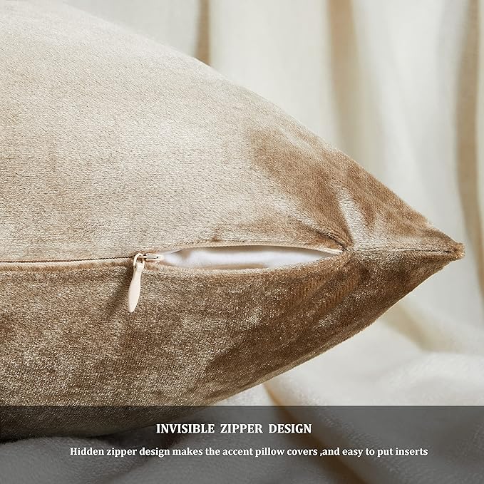 GIGIZAZA Decorative Throw Pillow Covers 16x16,Set of 2 Taupe Square Couch Pillow Covers,Velvet Sofa Boho Cushion Pillows