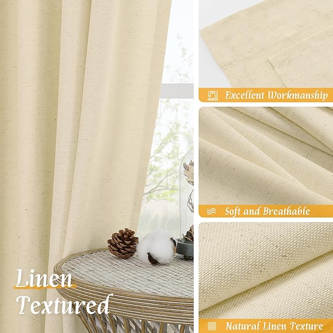 LAMIT Beige Linen Curtains for Small Windows, 45 Inches Long 2 Panels Light Filtering Panels Rod Pocket Neutral Privacy Window Drapes for Living Room/Bedroom, 42 x 45 Inch