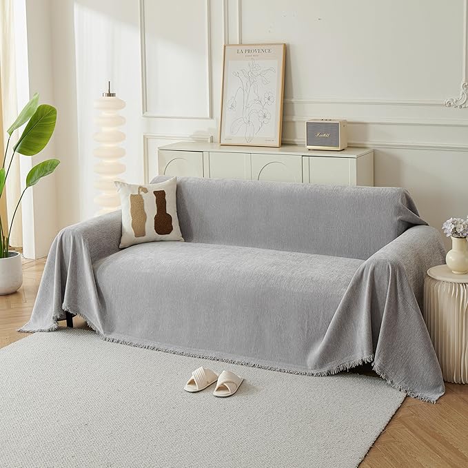 Couch Cover for Dogs, Boho Sofa Covers for 3 Cushion Couch, Chenille Sofa Slipcover for Pets Washable, L-Shape Sectional Couch Cover Soft Throw Blankets with Tassels(91x150,Grey)