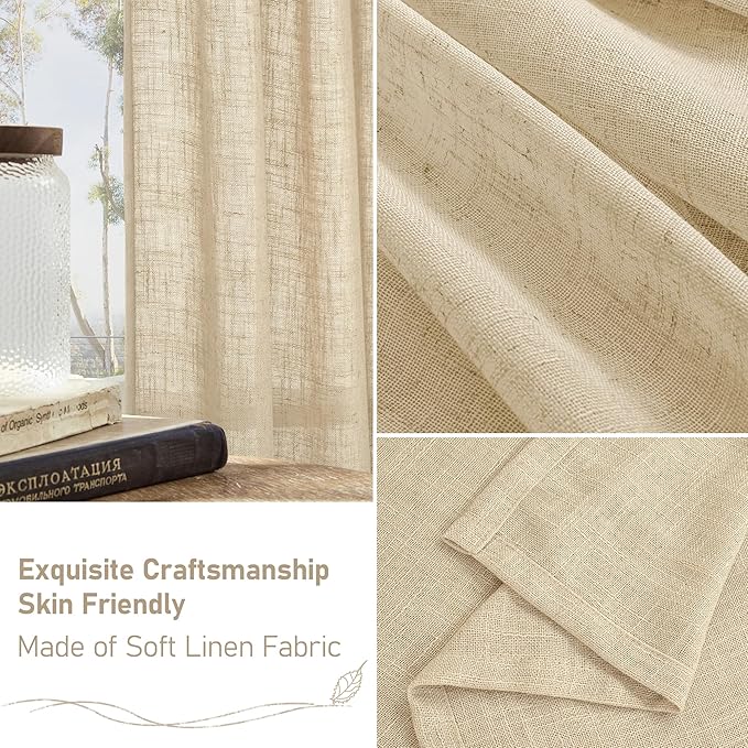 LAMIT 95 Inch Long Linen Curtains for Living Room, Light Filtering Semi Sheer Panels Back Tab and Rod Pocket Neutral Panels for Bedroom/Sliding Glass Door, 60 x 95 Inch, Linen, 2 Panels Set
