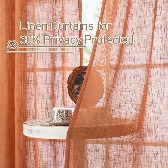 LAMIT Burnt Orange Sheer Linen Curtains, 84 inch Light Filtering Semi Sheer Panels Back Tab and Rod Pocket Farmhouse Rust Drapes for Bedroom/Living Room, 2 Panels, 52 x 84 Inch