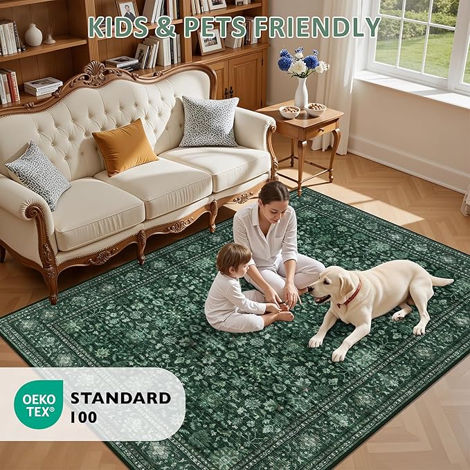 2x3 Area Rugs Living Room Rug: Washable Vintage Distressed Floral Rug No Slip Stain Resistant Soft Carpet Indoor Large Carpets for Bedroom Dining Room Farmhouse Nursery Hallway Home Office Deep Green