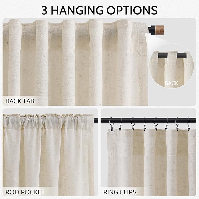 Birch Beige Linen 144 Inch Curtains for Living Room Light Filtering Semi Sheer Curtain Back Tab Modern Farmhouse Decor Elegant Coastal Drapes Floor to Ceiling High Window for Bedroom 52x144, 2 Panels