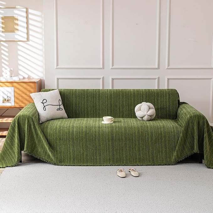 Boho Chenille Couch Cover for Dogs, Non Slip Sofa Cover, Couch Slipcover Covers for 3 Cushion, Furniture Protector with Tassels for Pets Washable, 91"x134", Fishbone Green