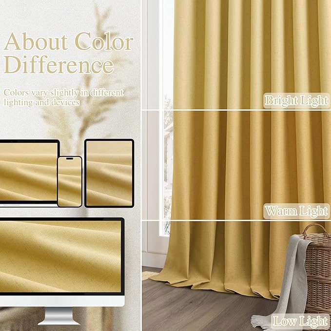 Guken 100% Blackout Curtains 90 Inch Length 2 Panels Set for Living Room Bedroom Back Tab Thermal Insulated Black Out Linen Drapes Room Darkening Window Curtains 90 Inches Long,Gold