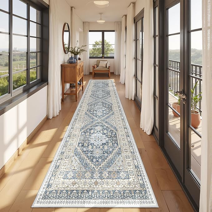 Runner Rug 2x10, Ultra-Thin Kitchen Rugs Non Slip Washable Rugs for Entryway Rug, Kitchen Runner Low Pile Vintage Soft Carpets for Living Room, Bathroom Bedroom (Blue/Beige,2'x10')