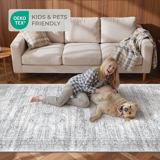 3x10 Runner Rug Non Slip Washable for Entryway, Vintage Hallway Runner for Front Porch, Laundry Room, Bedroom, Abstract Stain Resistant Thin Indoor Kitchen Mats for Floor(3'x10', Grey/Ivory)