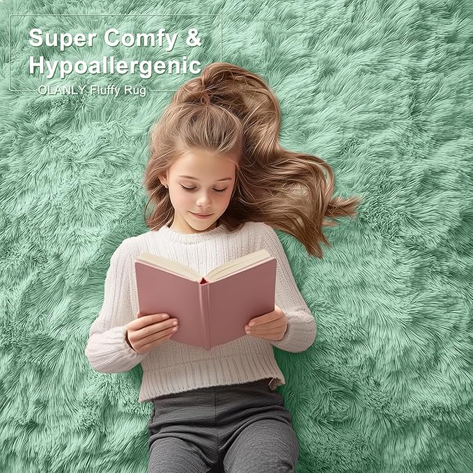 OLANLY 2x6 Machine Washable Runner Rugs for Hallway, Soft Fluffy Shaggy Bedside Rugs for Bedroom, Living Room, Indoor Floor Carpet for Kids Girls Boys, Nursery Rooms, Home Decor Aesthetic, Mint Green