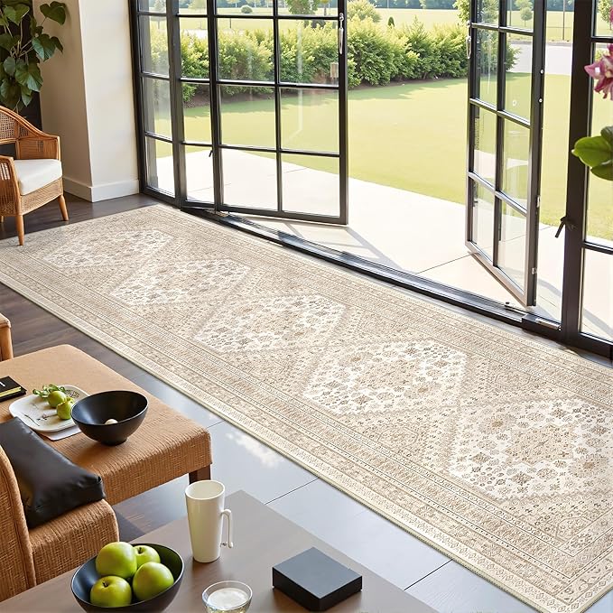 Hallway Runner Rug 2x12, Extra Long Washable Runner Rugs with Rubber Backing, Non Slip Runner, Vintage Rug Runners for Kitchen Laundry Room Entryway (Cream/Beige,2'x12')