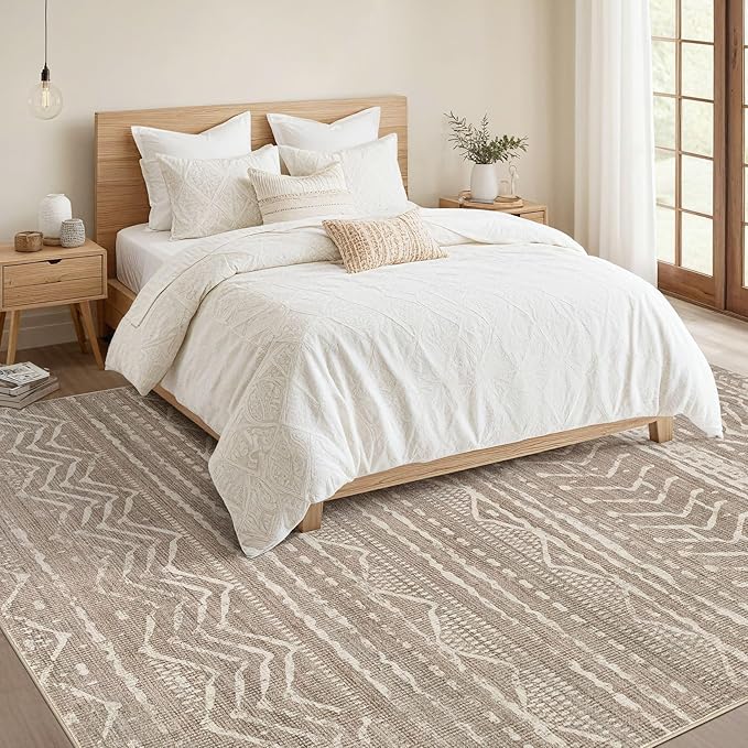 Nakagishi 9x12 Area Rug Living Room: Washable Boho Large Neutral Modern Soft Farmhouse Rugs Stain Resistant Indoor Floor Non-Slip Carpet for Bedroom Nursery Kid Playroom Office Dining Room- Dark Brown