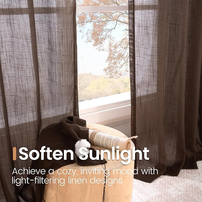 BGment Curtains 48 Inch Length for Short Window, Brown Linen Sheer Drapes for Bedroom Kitchen Cafe Bathroom Decor Lightweight Rustic Country Textured Rod Pocket, 2 Panels Set, Each 42 Inch Wide
