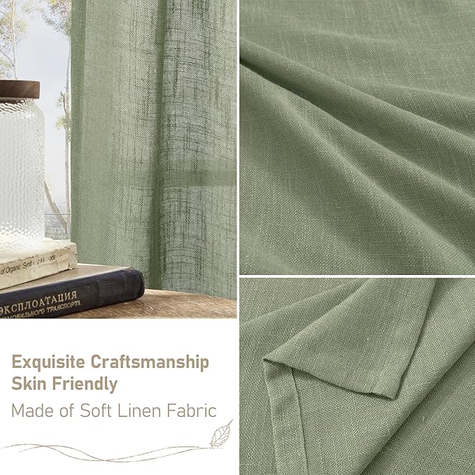 LAMIT 95 Inches Long Sage Green Linen Curtains for Living Room, Back Tab and Rod Pocket Linen Textured Curtains Light Filtering Boho Drapes for Bedroom/Dining Room, Set of 2, 52 x 95 Inch