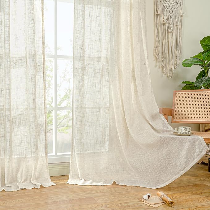LAMIT Semi Sheer 48 Inch Linen Curtains for Cafe 2 Panels, Cream Ivory Light Filtering Panels Back Tab and Rod Pocket Neutral Drapes for Small Window/Loft Room, 34 x 48 Inch