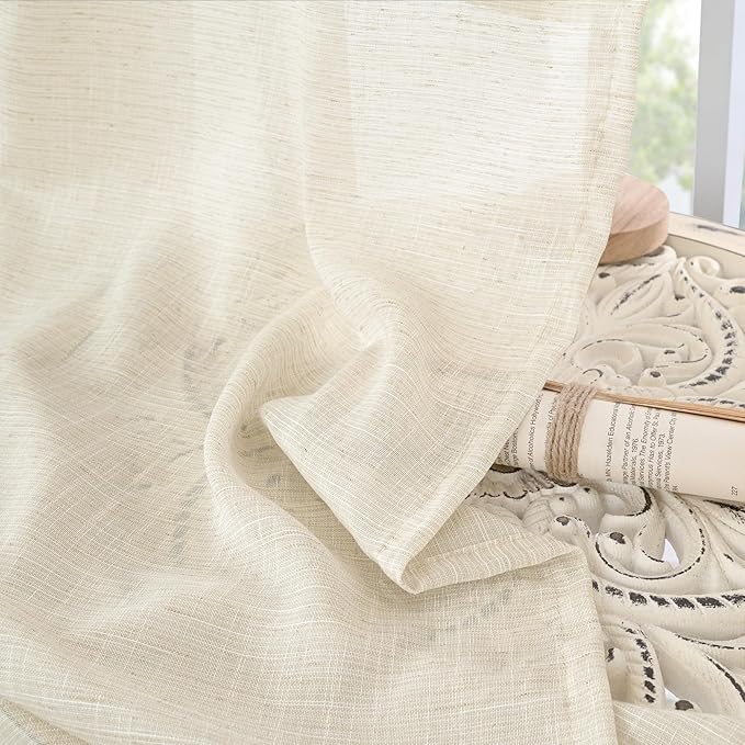 BGment Short Linen Curtains 36 Inch Length for Kitchen Window - Semi Sheer Beige Small Drapes Textured Rustic Natural Rod Pocket for Cafe Lightweight Decorative, 2 Panels, Each Panel 42 Inch Wide