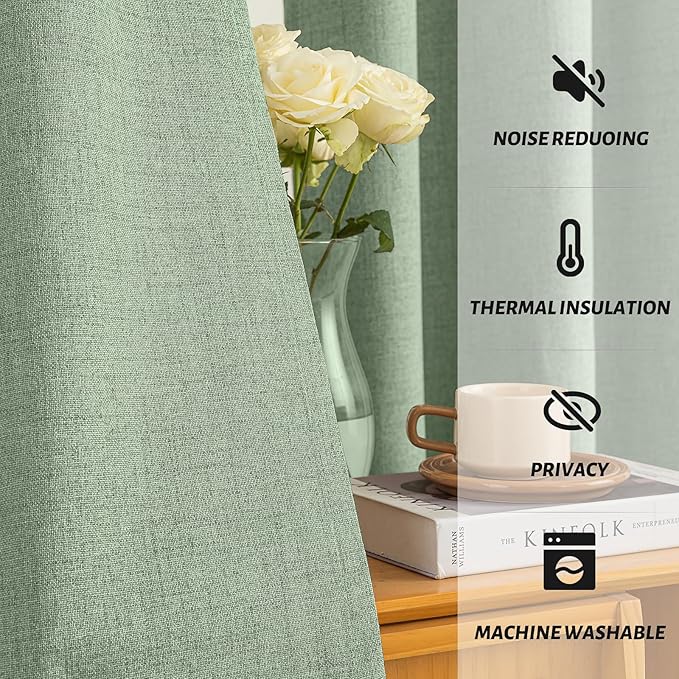 Yakamok Light Sage Green Linen Curtains 100% Blackout 84 Inches Long,Room Darkening Textured Curtains for Living Room Thermal Grommet Bedroom Curtains 2 Panels with White Liner