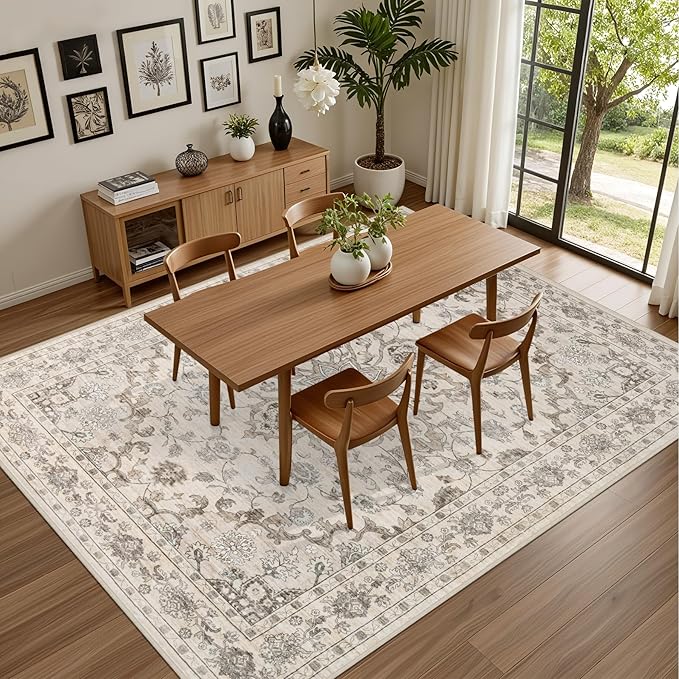 8x10 Area Rugs for Living Room: Washable Rug Soft Vintage Distressed Floral Carpet Indoor Floor Non-Slip Stain Resistant Large Carpets for Bedroom Dining Room Farmhouse Nursery Home Office Brown Beige