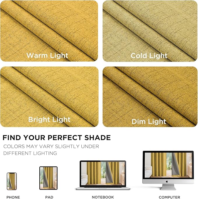 Joydeco Blackout Curtains for Bedroom - 63 Inch Long 100% Light Blocking 2 Panels Set Yellow Drapes, Thermal Insulated Room Darkening Curtains, Linen Textured for Living Room, Rod Pocket & Back Tabs