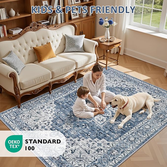 8x10 Area Rugs for Living Room: Washable Rug Soft Vintage Boho Medallion Carpet Indoor Floor Non-Slip Stain Resistant Large Carpets for Bedroom Dining Room Farmhouse Nursery Home Office Blue
