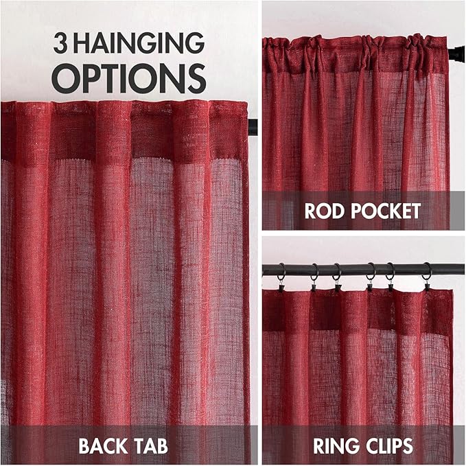 MIULEE Burgundy Red Linen Curtains 72 Inch Length for Bedroom Living Room, Soft Thick Linen Textured Window Drapes Semi Sheer Light Filtering Back Tab Rod Pocket Burlap Look Christmas Decor, 2 Panels