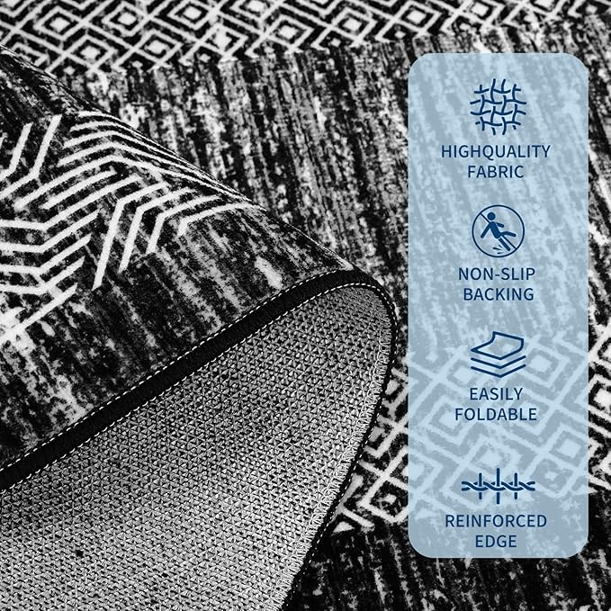 GarveeHome Large Washable Rug 9x12 Modern Geometric Non Slip, Distressed Bordered Printed Rug, Soft Non Shedding Indoor Carpet, Low Pile Thin Foldable Mats for Open Spaces Offices, Black