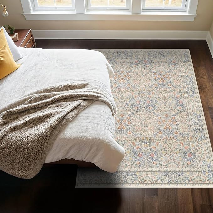 Hazo Haus Boho Beige Blue Living Room Rug 6x8 - Vintage Retro Floral Paste Neutral, Washable Low Pile Non-Slip Large Area Rugs for Dining Under Table, Bedroom