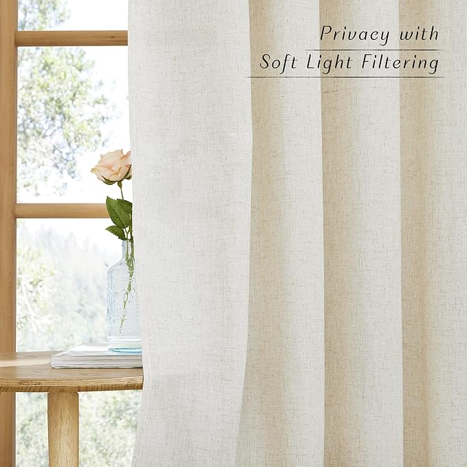 NICETOWN Natural Linen 102 inch Curtains for Bedroom, Grommet Privacy Added with Light Filtering Thick Flax Window Treatments Linen Blend for Living Room, W55 x L102, 2 Panels