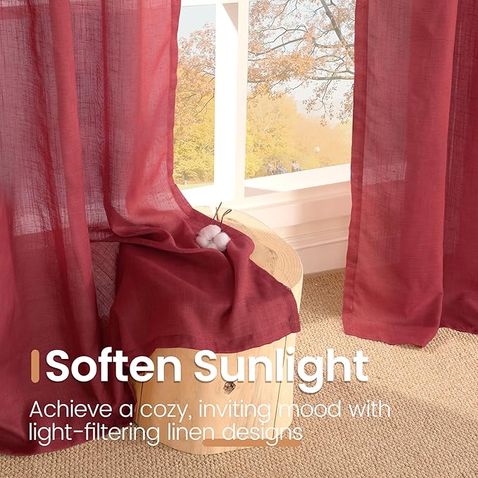BGment Burgundy Linen Curtains 72 Inches Long for Living Room, Window Drapes Semi Sheer Textured for Farmhouse Bedroom Dining Christmas Decor with Rod Pocket Lightweight, 2 Panels, Each 52 Inch Wide