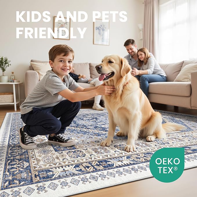 zesthome 5x7 Area Rugs - Ultra-Thin Washble Rug, Stain Resistant Anti Slip Backing Rugs for Living Room,Bedroom, Vintage Home Decor Area Rug (Blue/Beige,5'x7')