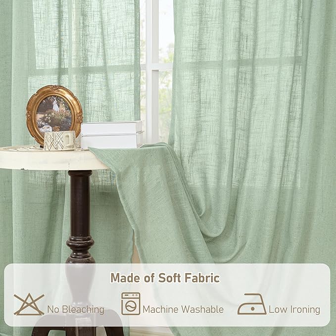 LAMIT Fresh Green Linen Curtains for Living Room, 80 Inch Faux Linen Textured Light Filtering Drapes Back Tab and Rod Pocket Boho Panels for Farmhouse/Bedroom/Porch, 52 x 80 Inch, 2 Panels Set