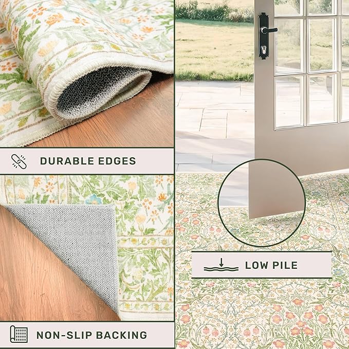 Vintage Washable Beige Green 10x14 Rug for Living Room - Extra Large Area Rug for Dining Room Under Table, Soft Low Pile Carpet for Bedroom - Victorian Forest Floral Design Non-Slip
