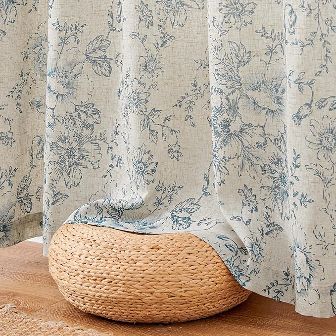 jinchan Lined Linen Blend Curtain Floral Curtains for Living Room 108 Inches Long Blue Peony Flower Printed Curtain Rod Pocket Back Tab Farmhouse Patterned Drapes Bedroom Window Curtains Set 2 Panels