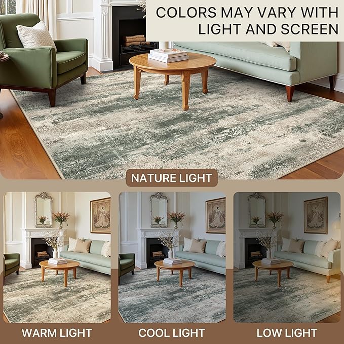 Round Rugs 4FT for Living Room Bedroom, Modern Abstract Machine Washable Circle Rug, Soft Low Pile Floor Cover with Non Slip Backing for Dining Room, Grey/Dark Green