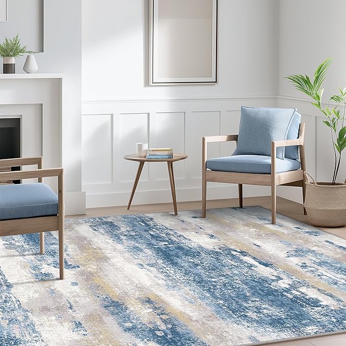 BEIMO Area Rugs 8x10 for Living Room Bedroom, Modern Abstract Machine Washable Soft Blue Cream Rug, Floor Carpet with Non Slip Backing for Dining Room