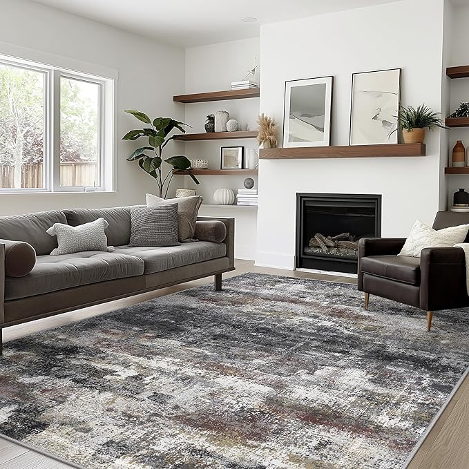 Area Rugs 8x10 for Living Room Bedroom, Modern Abstract Machine Washable Soft Dark Gray Rug, Floor Carpet with Non Slip Backing for Dining Room
