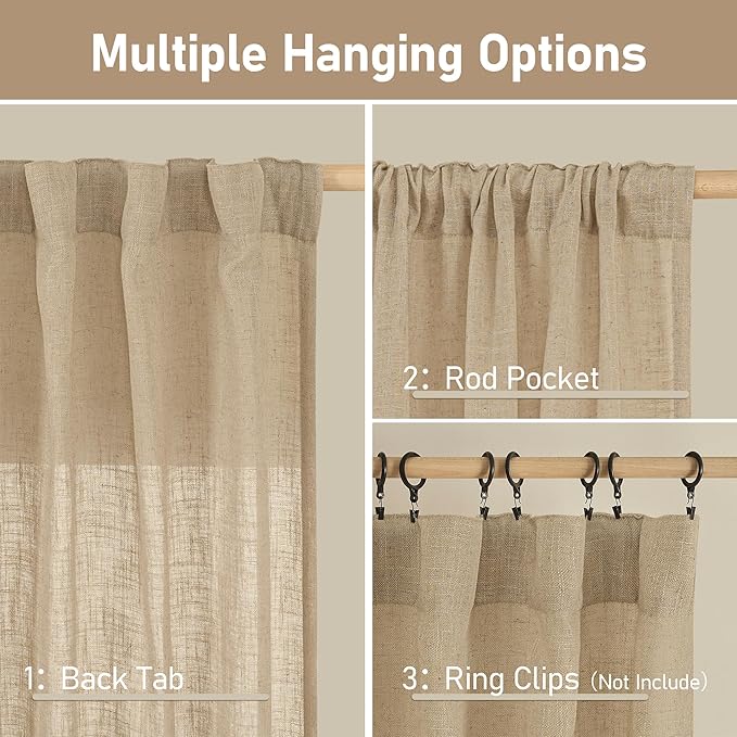 LAMIT Faux Linen Curtains 63 inches Long for Bedroom, Back Tab and Rod Pocket Linen Drapes Light Filtering Semi Sheer Curtains for Small Window/Farmhouse, 2 Panels (38 x 63 Inch, Brown)