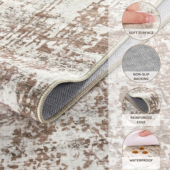 UERMEI Area Rug Living Room Rugs - Washable Neutral Modern Abstract Soft Thin Rug Indoor Floor No Slip Rug Carpet for Bedroom Under Dining Table Home Office Decor - Brown/Grey/Red - 10x14