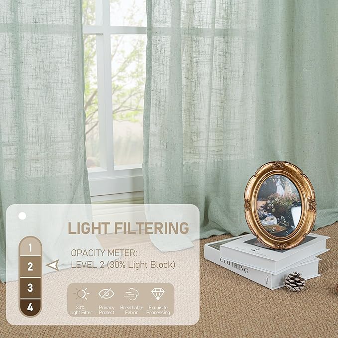 LAMIT Light Sage Linen Curtains 72 inch Length for Bedroom, Faux Linen Textured Light Filtering Drapes Back Tab and Rod Pocket Boho Panels for Farmhouse/Living Room, 2 Panels, 52 x 72 Inch