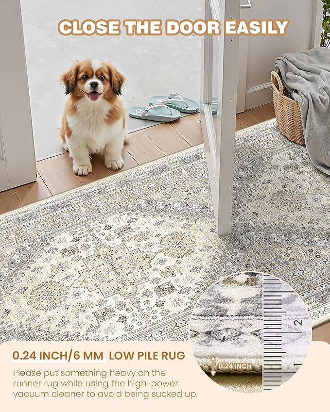 Washable Runner Rug 2.5x16, Non-Slip Long Kitchen Mats for Floor, Vintage Rug for Entryway, Soft Hallway Runner for Dining Room, Bedroom, Living Room(Beige,2.5'x16')
