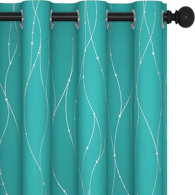 Deconovo Blackout Curtains, Thermal Insulated Soundproof Grommet Drapes, Wave Dots Silver Print, 52 x 72 Inch, Set of 2, Machine Washable Panels for Kitchen Bedroom Living Room Nursery, Turquoise