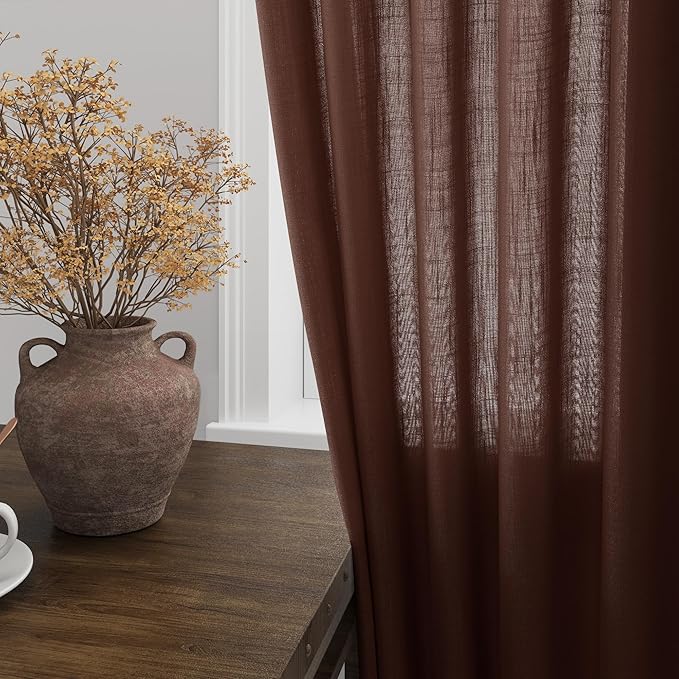 Rustic Brown Linen Curtains 63 Inches Long 2 Panel Sets for Living Room Bedroom Rod Pocket Back Tab Light Filtering Drape for Kitchen Window Short Protect Privacy Curtain Modern Farmhouse Decor 52x63
