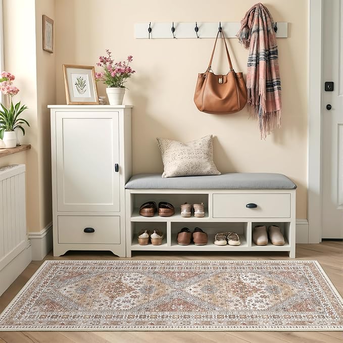 Runner Rug 2x6, Ultra-Thin Entryway Rug Non Slip Washable Rugs for Laundry Room, Runners for Hallways, Vintage Soft Rugs for Living Room, Kitchen, Bedroom(Orange,2'x6')