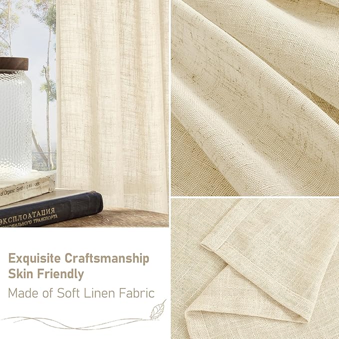 LAMIT Natural Linen Curtains 120 Inch for Living Room, Back Tab and Rod Pocket Linen Textured Sheer Curtains Light Filtering Drapes for Farmhouse/Bedroom, 2 Panels, 52 x 120 Inch, Beige