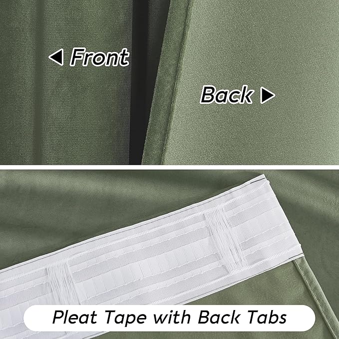 RYB HOME Sage Green Velvet Curtains with Hook Tape, Thermal Insulated Privacy Protect Decorative Room Divider Drapes for Home Theater, W 62 x L 90 inches, 2 Panels Set