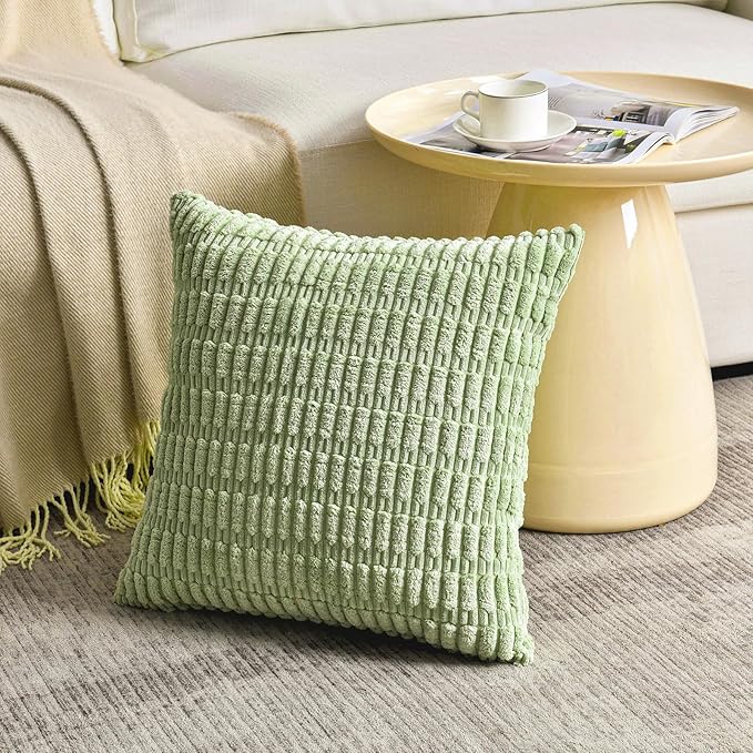 Fancy Homi Set of 4 Spring Boho Decorative Throw Pillow Covers 20x20 Inch for Couch Bed Sofa, Sage Green Yellow Room Decor, Soft Fuzzy Fluffy Cozy Corduroy Textured Cushion Case 50x50cm